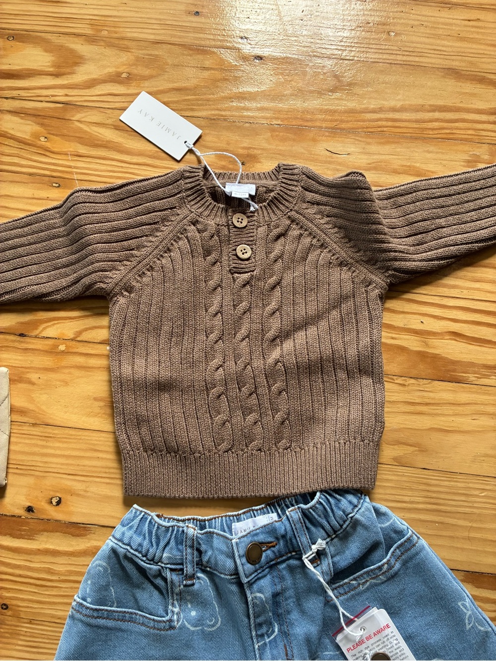 Jamie Kay Brown Cable Knit Sweater with Wooden Buttons 6-12 months